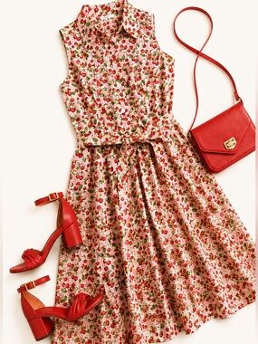 ModCloth Cherry Gingham Sleeveless Shirt Dress Pink Red Women’s Size Medium